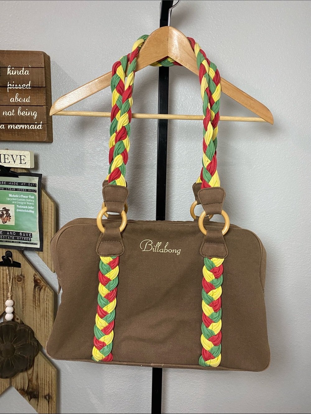Billabong Brown Canvas Shoulder Bag with Red, Yellow & Green Braided Straps